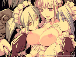 2007 3girls apron areolae blue_eyes blue_hair bow breasts clothing cruccu female group_sex highres large_breasts licking maid maid_headdress multiple_girls nipples open_mouth pink_eyes pink_hair sex short_hair short_twintails sketch threesome tied_hair tongue twintails white_hair yellow_eyes yuri