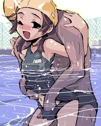 aliasing blue_eyes brown_hair copyright_request endured_face female fingering hand_in_swimsuit hard_pixels lowres oekaki one-piece_swimsuit open_mouth ponz pool school_swimsuit speedo sukumizu_flap swim_cap swimcap swimsuit torogao underwater wink