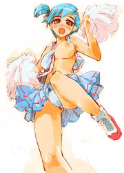 blue_hair blush breasts cheerleader cyan_hair exposed_breasts from_below looking_from_below nipples okome_rice panties pom_poms shoes underwear white_background