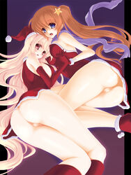 2girls :o ass bare_shoulders blonde_hair blue_eyes blush boots breasts brown_hair christmas covered_nipples elbow_gloves erect_nipples fate_testarossa frapowa gloves hand_holding hat highres holding_hands legs long_hair lyrical_nanoha mahou_shoujo_lyrical_nanoha multiple_girls no_panties open_mouth pussy red_eyes santa_costume santa_hat scarf star takamachi_nanoha uncensored very_long_hair