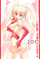 1girls animal_ears ass bare_legs big_ass blonde_hair breasts bunny_ears bunny_tail bunnysuit cameltoe carrot covered_nipples erect_nipples female highres huge_ass huge_breasts impossible_clothes impossible_clothing ishida_hiroyuki long_hair looking_back one-piece_thong original panties partially_visible_vulva red_eyes solo tail thong tied_hair twintails underwear wedgie