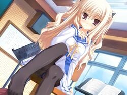 blonde_hair bra-ban! breast_squeeze breasts feet footjob game_cg hibarigaoka_yuki kobuichi mole muririn no_shoes pantyhose school_uniform serafuku tied_hair toes twintails