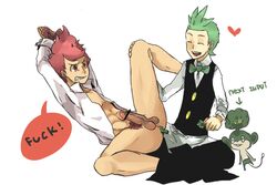 2boys abs anal anal_insertion aper_sexy apron bar_censor bondage bottomless bound_wrists bowtie broccoli censored chili_(pokemon) cilan_(pokemon) closed_eyes clothed food gay green_eyes green_hair gym_leader human incest leg_lift legs_held_open male male_only malesub nintendo open_clothes open_shirt pansage pants_around_one_leg penis pokemon pokemon_bw red_eyes red_hair spread_legs tears vest white_shirt yaoi