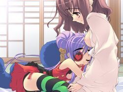 eye_patch female game_cg heart hug itou_noiji nipples peace@pieces striped striped_legwear striped_thighhighs takanashi_homare thighhighs yamada_maririn