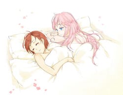 2girls after_sex afterglow bed bed_sheet blue_eyes brown_hair female megurine_luka meiko multiple_girls naked_sheet nude only_female pillow pink_hair see-through shared_blanket sleeping ssn under_covers vocaloid yuri