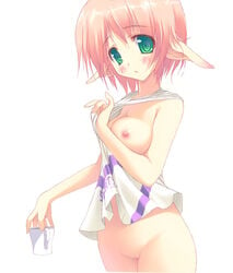 bottomless breasts green_eyes nipples panties pink_hair pointy_ears pussy short_hair takadai tsurusaki_takahiro uncensored underwear