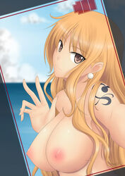 battery_life breasts brown_eyes cellphone female female_only highres kai_(link2262) large_breasts long_hair nami one_piece phone pixiv_manga_sample resized tattoo