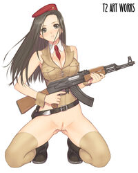 ak-47 ass_visible_through_thighs assault_rifle belt beret black_hair boots bottomless breasts cleavage grey_eyes gun hat innie_pussy kneeling long_hair military_uniform necktie pussy taka_tony thighhighs uncensored weapon wrist_cuffs