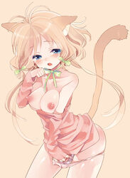 amezawa_koma animal_ears bare_shoulders blonde_hair blue_eyes blush bow breasts cat_ears cat_tail collarbone cover cover_page doujin_cover fangs feline female fingering hairbow hand_in_panties large_breasts masturbation nipples off_shoulder original panties panty_pull pink_panties pussy_juice short_hair solo sweater_dress tail underwear wet_panties