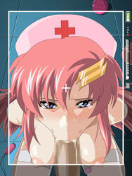 blush censored circle_ip dark-skinned_male fellatio female gundam gundam_seed ip lacus_clyne oral pink_hair sweat