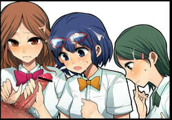 1boy 3girls after_handjob after_oral black_border blue_eyes blue_hair brown_eyes brown_hair celia_hills censored clothed clothed_female_nude_male cum cum_on_clothes cum_on_face cum_on_glasses cum_on_hair erection facial female foursome glasses gojou_masaru green_eyes green_hair gus_martin handjob human inazuma_eleven inazuma_eleven_(series) kino_aki long_hair looking_at_viewer male multiple_girls nakasone_haiji nelly_raimon nude open_mouth oral otonashi_haruna penis penis_awe pinky_out pubic_hair raimon_natsumi ribbon shirt short_hair silvia_woods straight sweatdrop tongue unseen_male_face white_background