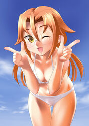 azuma_satori bamboo_blade bent_over bikini breasts cleavage clothes day eyewear female female_only front_view glasses hair human long_hair mole orange_hair outdoors sakenotorii skimpy_clothes solo swimsuit wet wink yellow_eyes