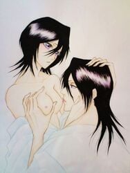 black_hair bleach blush breast_grab breasts byakuya_kuchiki couple female hand_on_another's_head highres japanese_clothes kuchiki_byakuya kuchiki_hisana licking looking_at_another nipple_licking nipples no_bra nude off_shoulder open_clothes parted_lips purple_eyes short_hair simple_background son tongue tongue_out zabi2066