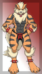 1boy abs animal_ears anthro arcanine bulge canine chest chest_tuft claws collar earrings feet fur furry jax_the_bat jewelry lingerie looking_at_viewer male male_only muscles nail nipples orange_body orange_fur pokemon pokemon_(species) pose red_eyes skimpy solo tail underwear wristband