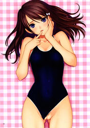 absurdres blue_eyes bow brown_hair copyright_request female finger_to_mouth hairbow highres one-piece_swimsuit pubic_hair pussy solo swimsuit swimsuit_aside taka_tony uncensored