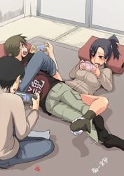 1girls 2boys black_hair black_legwear black_socks blue_hair blush bottomless breasts brown_eyes brown_hair capcom casual casual_sex clothed clothed_sex clothes_writing covering denim distracted female footwear glasses indoors jeans knee_socks kneehighs kneesocks kotatsu long_hair lying male monster_hunter multiple_boys multitasking no_shoes open_mouth panties panties_around_leg panties_around_one_leg pants_around_one_leg pillow playing_games playstation ponytail psp ryou sex shijuuhatte short_hair signature sitting socks sony stealth_sex straight straight_sex sweat table tatami teeth text tied_hair translated under_kotatsu under_the_table underwear vaginal_penetration video_game video_games white_panties x-ray