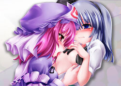 2girls blue_eyes blush breast_sucking breasts couple female hairband hat kemoyuri licking lilyl0ve multiple_girls nipples open_clothes open_shirt pink_eyes pink_hair shirt short_hair silver_hair sweat touhou youmu_konpaku yuri yuyuko_saigyouji