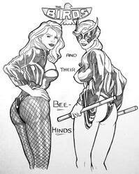 2girls anus ass avengers black_canary bobbi_morse crossover dat_ass dc dc_comics dinah_lance female female_only fishnet_pantyhose green_arrow_(series) greyscale human human_only light-skinned_female light_skin marvel marvel_comics mockingbird_(marvel_comics) monochrome nipples straight_hair superheroine thong