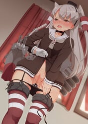 amatsukaze_(kantai_collection) black_panties blush brown_eyes censored female garter_straps highres kantai_collection long_hair panties panty_pull personification pussy silver_hair skirt skirt_lift striped striped_legwear tachimi_(basue) thighhighs tied_hair twintails underwear