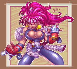 1girls android bloodberry bodysuit breasts cowboy_shot curvaceous female gloves highleg large_breasts light-skinned_female light_skin long_hair looking_at_viewer nipples panties panties_over_bodysuit ponytail red_eyes red_hair saber_marionette_j shimenawa solo tagme wagner wide_hips