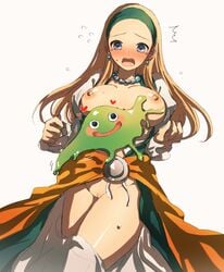 areolae blonde_hair blush breasts bubble_slime clothing dragon_quest dragon_quest_xi dress earrings embarrassed female hairband large_breasts long_hair monster necklace nipples no_underwear pussy s0azuki serena_(dq11) slime slime_(dragon_quest) slime_monster tears uncensored undressing