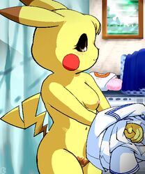 breasts clothing colored exposed_breasts female female_only fur furry furry_breasts g-sun indoors nintendo nipples pikachu pokemon pokemon_(species) pubic_hair solo yellow_fur