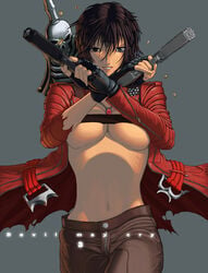 1girls big_breasts black_hair blue_eyes breasts brown_hair bullet cleavage coat color cosplay crossplay dante dante_(cosplay) devil_may_cry devil_may_cry_3 dual_wielding female female_only fingerless_gloves front_view gloves grin gun hair handgun heterochromia jewelry lady_(devil_may_cry) large_breasts midriff navel necklace nekkeau open_clothes pistol rebellion_(sword) shell_casing short_hair skull smile solo strap torn_clothes underboob weapon zipper