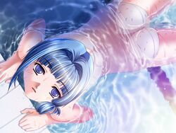 afloat ass blue_eyes blue_hair censored from_above game_cg highres hiiro_yuki looking_up one-piece_swimsuit pool ripples school_swimsuit see-through sena_shiori shiny shiny_clothes short_hair solo swimsuit water wet yuuguu_settai