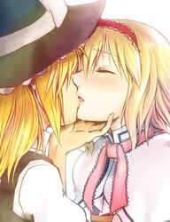 2girls alice_margatroid blonde_hair blush chin_grab closed_eyes female french_kiss hairband hand_on_another's_head hand_on_head hat kissing kiyohisa lips long_hair marisa_kirisame multiple_girls open_mouth ribbon ribbons saliva short_hair toraneko touhou witch witch_hat yuri