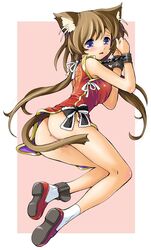 animal_ears ankle_cuffs anklet ass blush bondage bondage brown_hair censored chains chains china_dress chinadress chinese_clothes cuffs female footwear jewelry katahira_masashi long_hair no_panties original pussy_juice socks solo tail