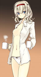 alice_margatroid blonde_hair blue_eyes blush breasts cup dress_shirt dual_wielding female female hairband holding morning mug navel no_bra open_clothes open_shirt pangsu panties shirt short_hair side-tie_panties solo standing takaharu touhou underwear white_panties