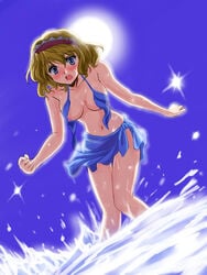 alice_margatroid beach bikini bikini_skirt blonde_hair blue_eyes blush breasts embarrassed female female flx front-tie_top hairband navel nervous nipples open_mouth sarong sear short_hair shy solo sun surprised swimsuit touhou untied wardrobe_malfunction water