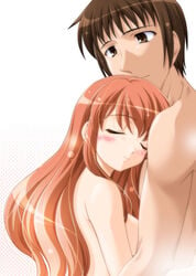 1boy 1girls asahina_mikuru blush couple female kyon nude smile suzumiya_haruhi_no_yuuutsu