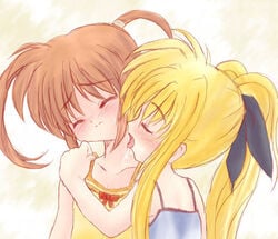 2girls blonde_hair blush brown_hair closed_eyes cum fate_testarossa female hair_ribbon hair_ribbons licking lyrical_nanoha mahou_shoujo_lyrical_nanoha multiple_girls ribbon ribbons saliva shaian takamachi_nanoha tied_hair tongue twintails yuri