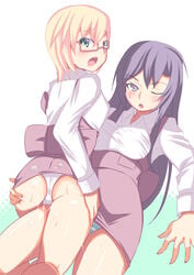 2girls ass ass_grab blush crotch_rub cum female glasses johnny_funamushi multiple_girls original panties pantyshot pussy_juice skirt underwear yuri