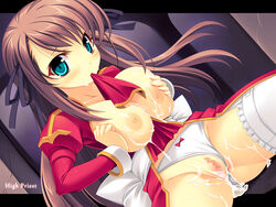 aqua_eyes areolae between_breasts blush bow_panties breast_squeeze breasts brown_hair censored character_name clothes_between_breasts cum cum_in_pussy cum_inside cum_on_body cum_on_breasts cum_on_upper_body cumdrip dutch_angle facial female garters hair_ribbon high_priest high_priest_(ragnarok_online) kinoshita_ichi large_breasts long_hair mosaic_censoring mouth_hold nipples panties panties_aside pussy ragnarok_online ribbon solo thighhighs underwear white_panties