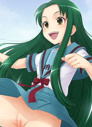 brown_eyes censored cute_fang face green_hair ha-ru long_green_hair long_hair no_panties pussy school_uniform serafuku skirt suzumiya_haruhi_no_yuuutsu tsuruya very_long_hair wind_lift