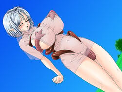 ambiguous_penetration blue_hair blue_sky blush breast_grab breasts censored clenched_hand closed_eyes covered_penetration dress dutch_angle elf female fujimaruu grass huge_breasts implied_penetration implied_sex insects interspecies monster monster_sex navel no_bra no_panties open_mouth outside pointy_ears see-through sex sex_under_clothes sex_under_dress short_hair simple_background skinny standing standing_sex sweat tentacle tentacle_under_dress tentacles_under_clothes tight_clothes tree vaginal_penetration zoophilia