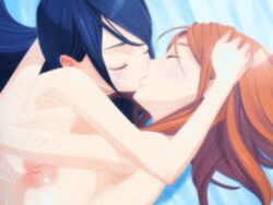 2girls 3d animated bed blue_eyes blue_hair blush breast_press breasts female female_only fujimoto_haruna himesaki_orie hybrid_animation kissing lowres multiple_females nipples nude red_hair symmetrical_docking tinklebell tsukiakari_no_raspberry yuri