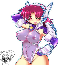 armor bb blush breasts crueltear exelica hips large_breasts muhyowo nipples pose pussy see-through smile trigger_heart_exelica uncensored wink