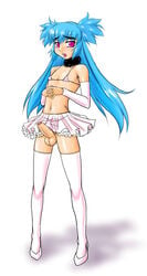 androgynous blue_hair blush crossdressing crossdressing erection katou_jun long_hair open_mouth penis pink_eyes skirt testicles trap white_legwear white_thighhighs