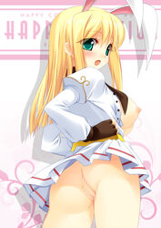 animal_ears ass blonde_hair blush bottomless breasts bunny_ears censored ear fake_animal_ears female fingerless_gloves game_master game_master_(ragnarok_online) gloves green_eyes hands_on_hips kinoshita_ichi large_breasts long_hair looking_at_viewer looking_back nipples no_bra no_panties open_clothes open_mouth open_shirt pussy ragnarok_online skirt solo standing thighs uniform