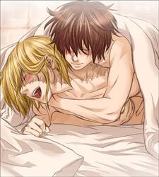 2boys anal bed bed_sheet blush closed_eyes death_note lowres mail_jeevas male matt_(death_note) mello mihael_keehl multiple_boys open_mouth pillow sex sheets yaoi