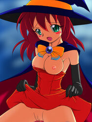 alice_wishheart blush breasts censored hat magical_halloween pussy skirt_lift takappe witch