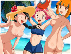 3girls art ass back bandaid bandaid_on_nose bare_back bare_legs bare_shoulders beach bikini_shorts black_hair blue_bikini breasts brown_eyes candice_(pokemon) cleavage clothed_female_nude_female collarbone completely_nude completely_nude_female female gardenia_(pokemon) gym_leader hand_on_hip hand_on_leg happy hat highres human human_only large_breasts leaning leaning_forward legs long_hair looking_at_viewer looking_back low_twintails maylene_(pokemon) multiple_girls naked_hat navel neck nintendo nipples nude one_eye_closed open_mouth orange_eyes orange_hair photoshop pink_eyes pink_hair pointing poke_ball pokemoa pokemon pokemon_(anime) pokemon_dppt pussy short_hair short_pink_hair small_breasts smile soara sports_bikini sun_hat swimsuit uncensored v wink