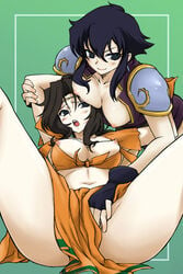 2girls arm_grab black_eyes black_hair blush breasts brown_hair diadem earrings female female_only fingering fingerless_gloves fire_emblem fire_emblem:_genealogy_of_the_holy_war gloves grope groping hand_under_clothes hands_under_clothes hands_under_clothing jewelry larcei_(fire_emblem) laylea_(fire_emblem) michael_f91 midriff multiple_girls navel nipples no_bra open_clothes open_mouth smile spread_legs yuri