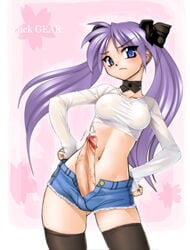 1futa angry blue_eyes blush bolero choker cropped_jacket cum futa_only futanari human intersex kagami_hiiragi legwear long_hair long_twintails lucky_star penis purple_hair ribbon ribbons shorts solo stockings thighhighs uncensored