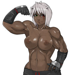 animal_ears areola armpit bangs breasts brown_skin copyright_request dark-skinned_female dark_skin eeyon erect_nipples female gloves heterochromia medium_breasts muscular_female nipples perky_breasts pose scar short_hair small_waist smile solo spiky_hair topless white_hair zangi