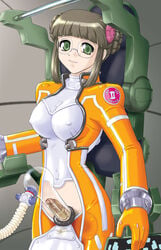 artificial_vagina bodysuit breasts brown_hair casual clothing cockpit cuffs erect_nipples erection eyewear fujisawa_yayoi futa_milking futanari glasses green_eyes highres human humanoid_penis intersex looking_at_viewer milking_machine open_fly pale_skin penis penis_milking plugsuit q_(artist) skin_tight small_penis small_waist tube uchuu_no_stellvia uncensored unzipped valve white_skin