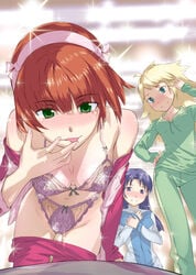 amami_haruka blush bow bow_bra bow_panties bra cum fellatio green_eyes hairband hoshii_miki idolmaster kisaragi_chihaya lingerie naughty_face open_clothes oral panties penis princess_spirit purple_bra purple_panties tongue underwear undressing